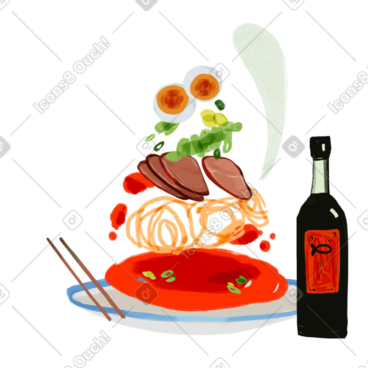 Ilustração de Prato com ingredientes para receita udon em no estilo Ikigai baixar em PNG, SVG