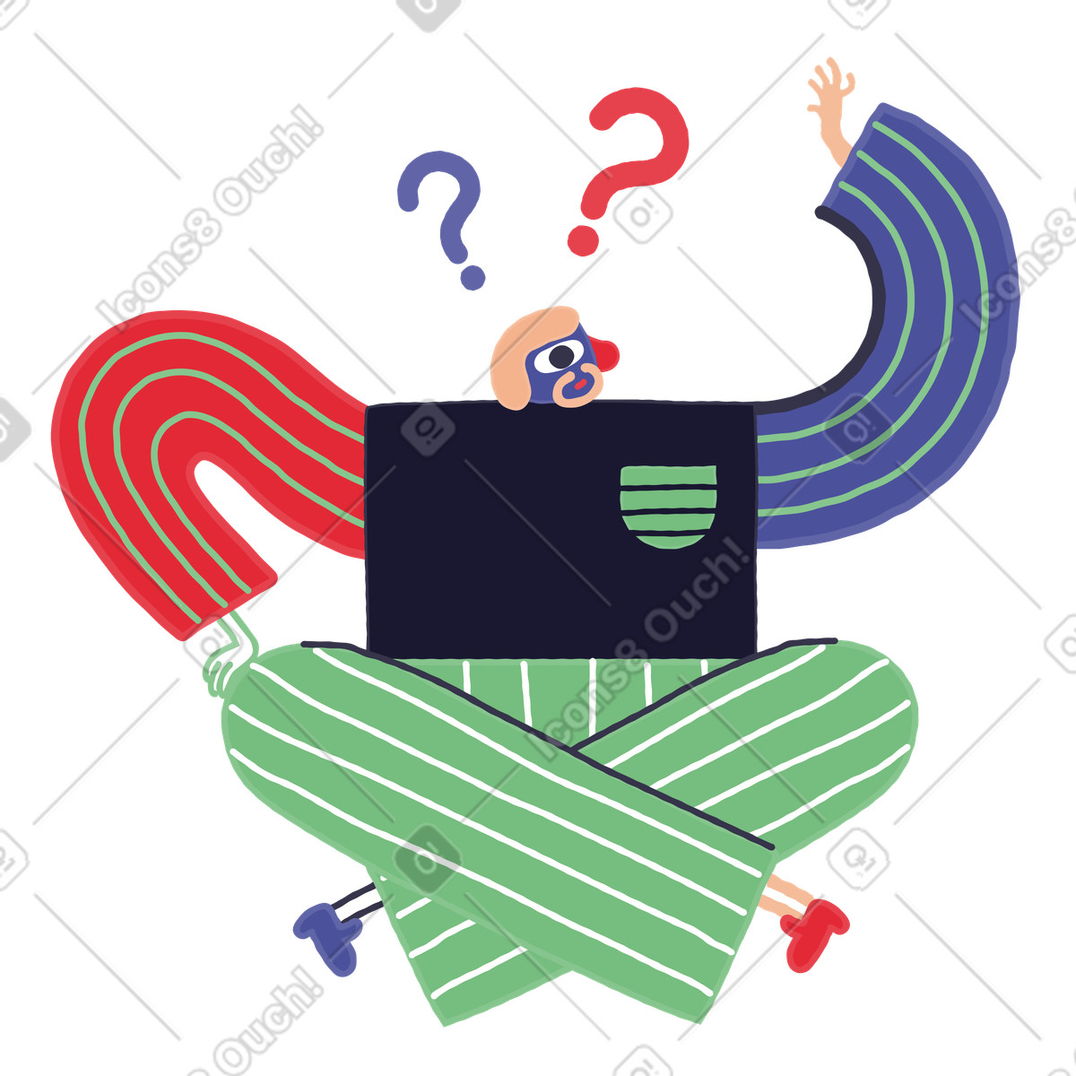 Der mensch sitzt und denkt, um die probleme zu lösen-Illustration im Stripy-Stil als Download in PNG, SVG
