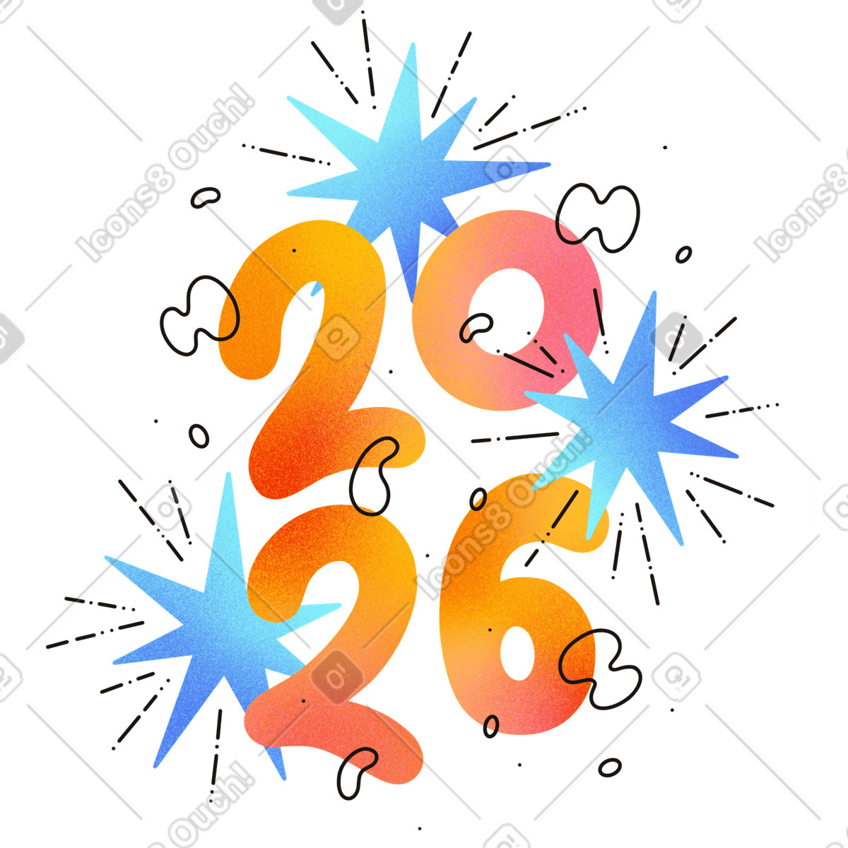New Year 2026 number with fireworks illustration in Lettering style download in PNG, SVG