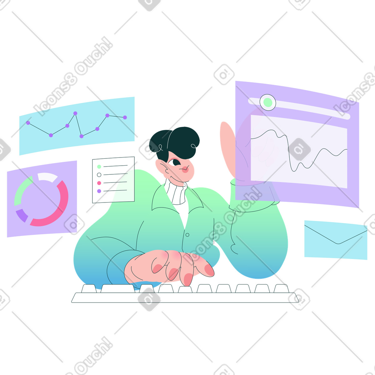 Analyst working with digital dashboards and metrics, online data analysis workflow illustration in Florid style download in PNG, SVG