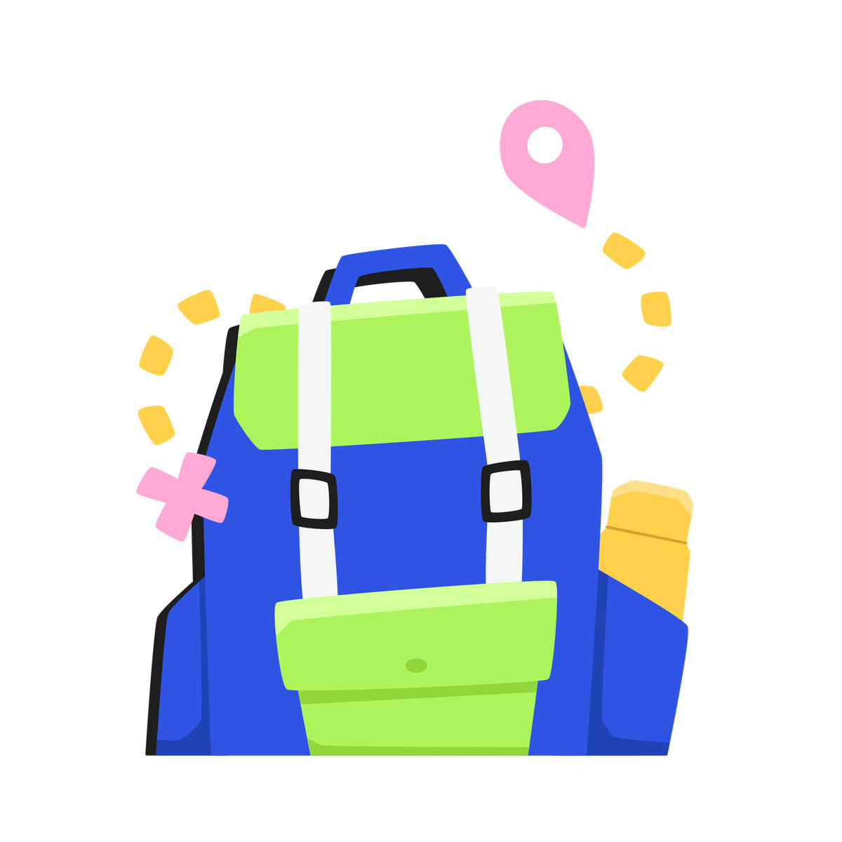Hiking backpack and route with checkpoint illustration in Bouncy style download in PNG, SVG