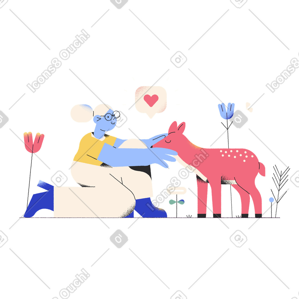 Ilustração de Mulher cuidando um cervo selvagem em no estilo Pablo para baixar em PNG, SVG