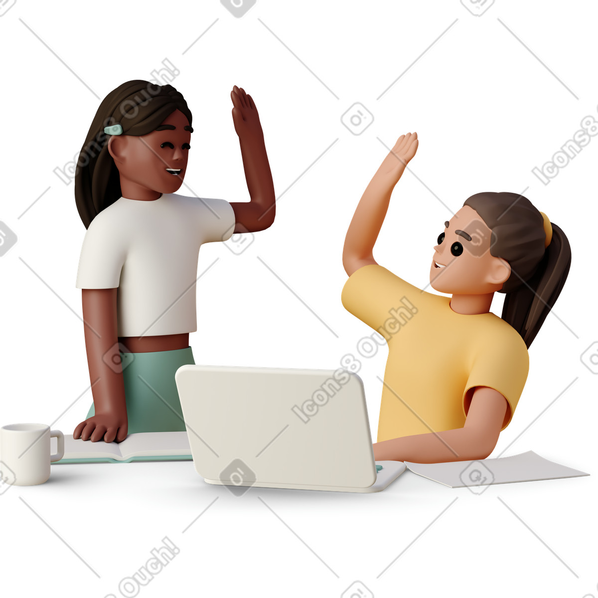 Ilustração de Colegas equipe felizes comemorando com um "high five" no local trabalho, demonstrando produtividade e conquista metas. em estilo 3D Casual life para baixar em PNG, SVG