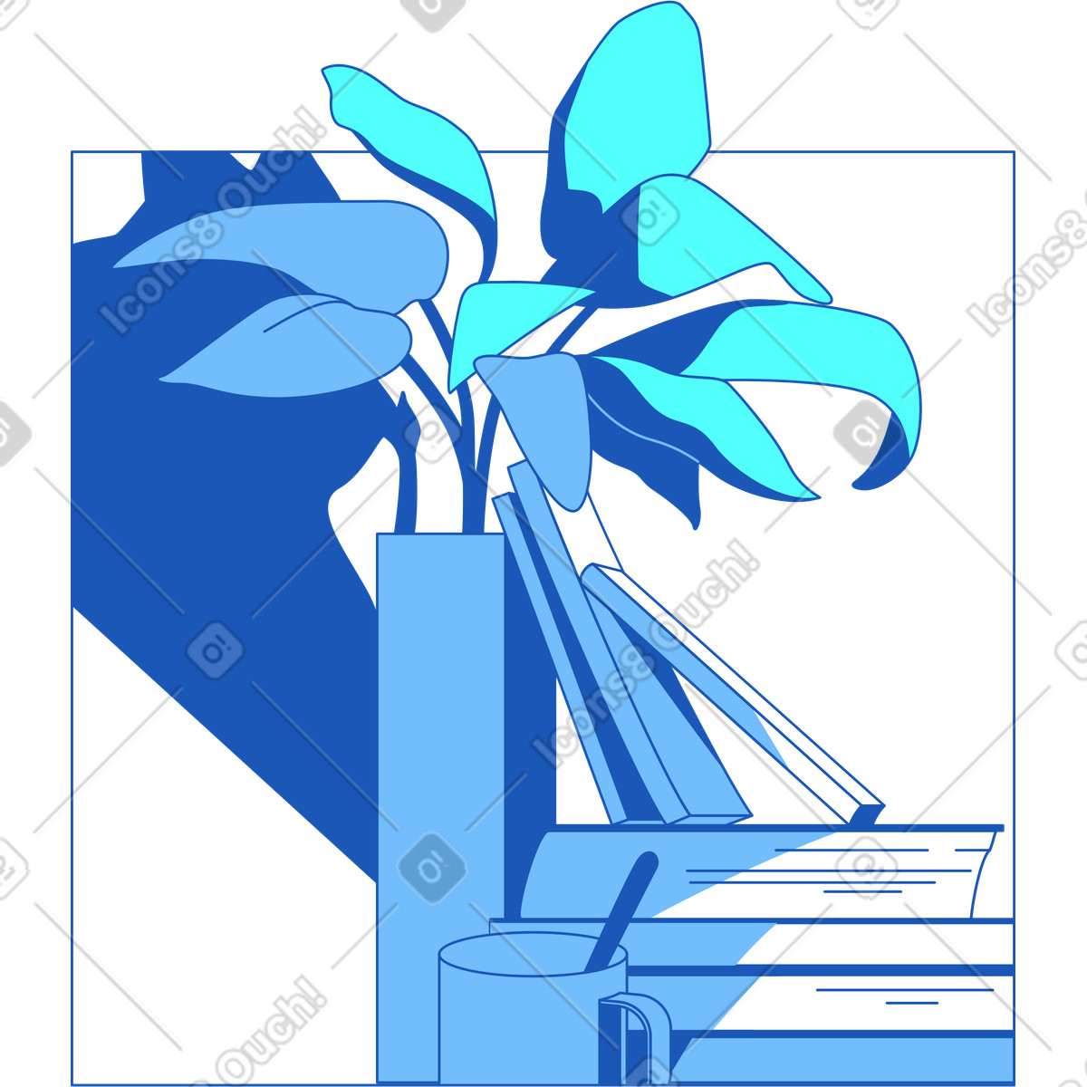Illustration Cadre avec des livres et plantes dans le style Storyline à télécharger aux formats PNG, SVG