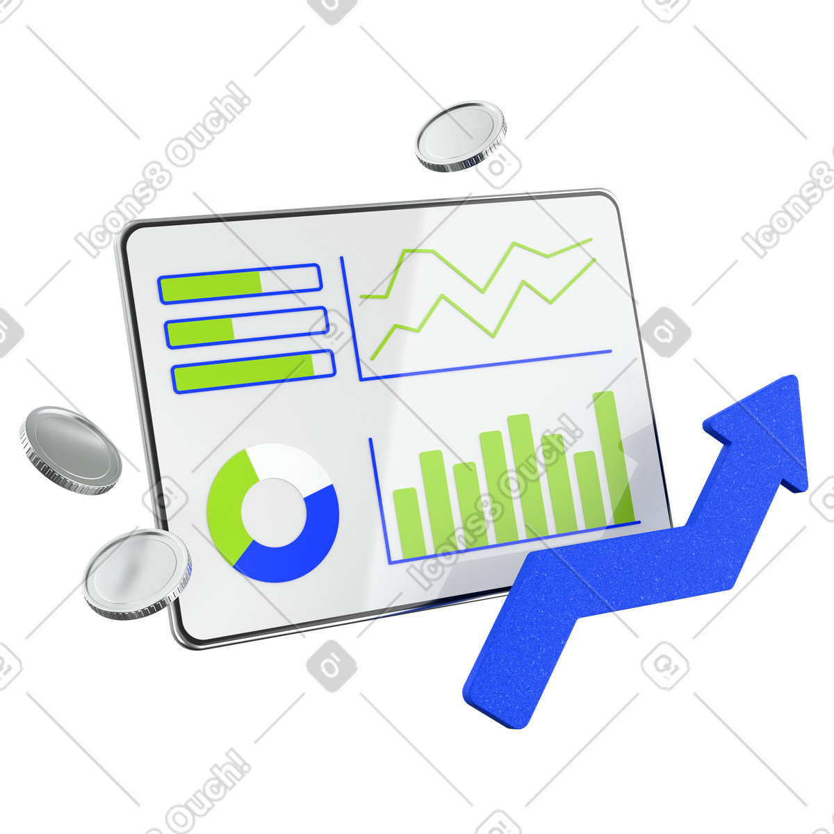 Tablet with graphs, coins and arrow illustration in PNG, SVG