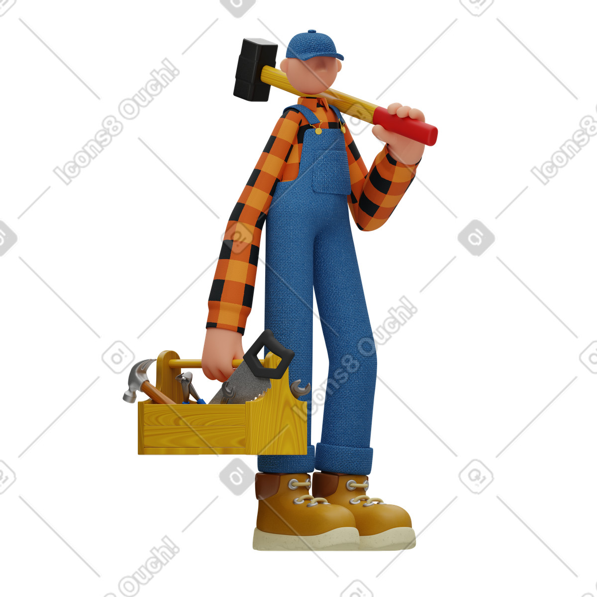 Uomo con cassetta degli attrezzi che tiene in mano un martello illustrazione animata stile 3D Rondi scaricabile GIF, Lottie (JSON), AE