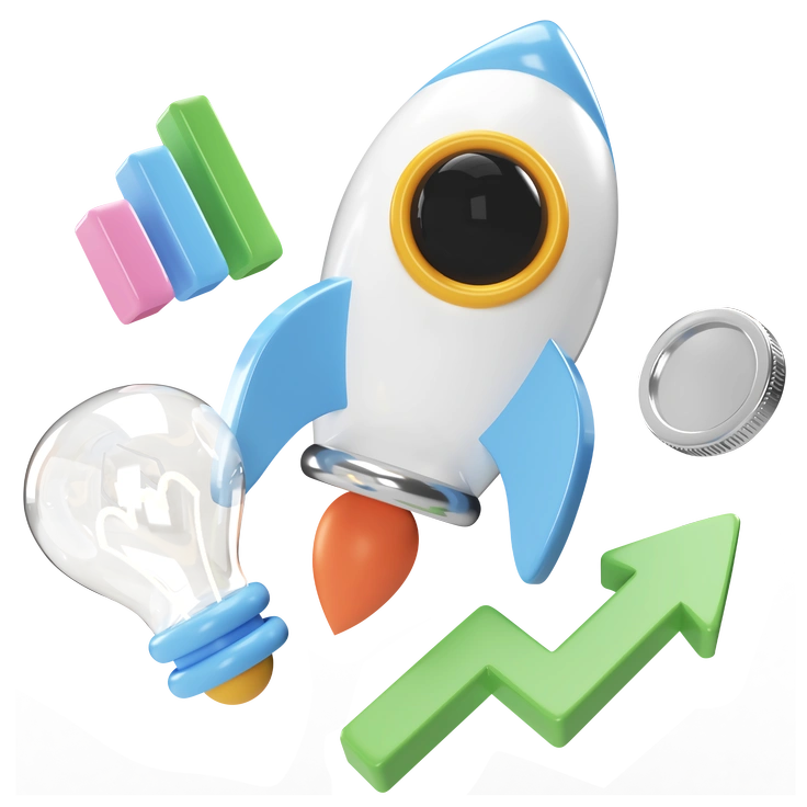 A rocket with a light bulb and growth arrows - 3D Corporate style illustration