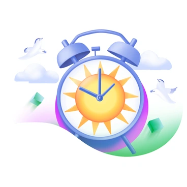 A modern pastel illustration of an alarm clock featuring a radiant sun face as the clock face. The sun has bright yellow rays emanating from it, creating a warm glow. The clock's body is a soft, light blue, complementing the sun design. Surrounding the clock are fluffy white clouds and a few birds in flight, suggesting the early morning sky. The time on the clock shows 6:00 AM, symbolizing waking up at dawn.
