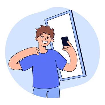 A smiling person stands in front of a full-length mirror, holding a smartphone to take a selfie. The individual has short brown hair and is wearing a casual blue t-shirt. The mirror reflects the person's cheerful expression and the surrounding room, which features a simple light-colored wall. The person's arm extends towards the camera, capturing the moment in a well-lit space.