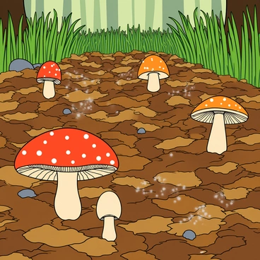 An illustration depicting a vibrant forest floor covered with a thick layer of old, brown leaves. Among the leaves, various types of fungi are present, showcasing their unique shapes and colors. Some mushrooms are small and round, while others are tall and slender, each with distinct caps and gills. Tiny white spores are visibly floating in the air, creating a misty effect around the fungi. The background includes tall green grass and a few scattered pebbles, adding depth to the scene. Sunlight filters through the trees above, casting gentle shadows on the ground.