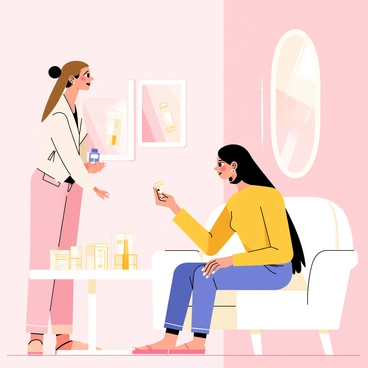 A beauty consultation scene features a light pink room with soft lighting and a comfortable white couch. An esthetician with long brown hair tied up in a bun is standing next to a small table filled with various skincare product samples in elegant white and gold packaging. The curious client, with shoulder-length black hair, is seated on the couch, leaning forward with interest as she examines a product in her hand. The wall behind them is decorated with framed beauty posters and a large mirror reflecting the warm atmosphere of the room.