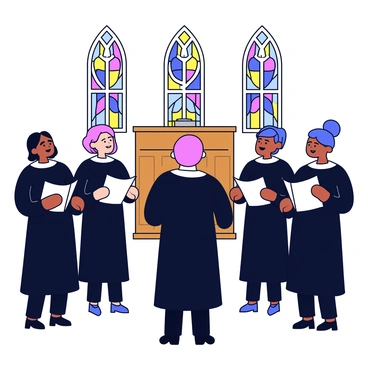 A choir group consisting of six singers is practicing harmonies inside a church. Each singer holds a piece of sheet music in their hands. The singers are positioned in a semi-circle facing towards a central conductor. The church features tall stained glass windows that let in colorful light, illuminating the scene. The singers are dressed in black robes, and their faces display concentration as they sing together. A wooden pulpit is visible in the background, adding to the church's ambiance.