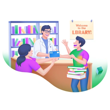 A librarian with glasses and a friendly smile is standing behind a wooden counter. The librarian is handing over a bright blue library card to an enthusiastic patron who is reaching out with both hands. The patron has an excited expression, wearing a colorful t-shirt and holding a stack of books. Surrounding the counter are shelves filled with various books, and a poster on the wall reads "Welcome to the Library!" in cheerful letters.