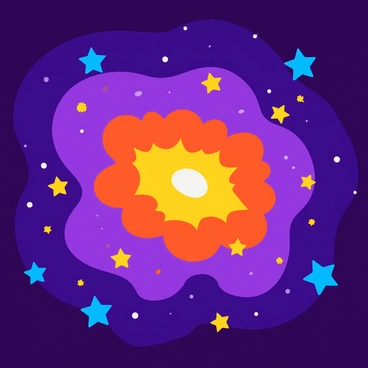 A vibrant cosmic explosion featuring countless stars and a wide spectrum of colors. The scene shows swirling clouds of gas and dust illuminated by bright, shining stars, forming intricate patterns in a vast galaxy. There are clusters of stars in various sizes, some glowing blue and others a warm yellow. The background is filled with deep purples and blues, representing the vastness of space, with hints of red and orange where the explosion occurs. The overall composition conveys a sense of dynamic movement and energy in the galaxy.