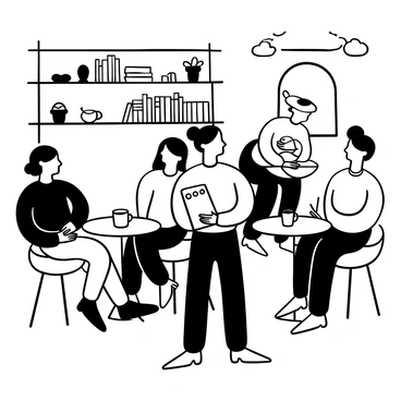 An artist standing in a busy cafe, focused on capturing the scene with a sketchbook and charcoal. Several people are seated at small round tables, engrossed in their conversations while sipping coffee from white ceramic mugs. A server is seen in the background carrying a tray with drinks. A wall adorned with shelves filled with books and potted plants provides a cozy atmosphere. The cafe is bustling with activity, and the sound of clinking cups and chatter fills the air.