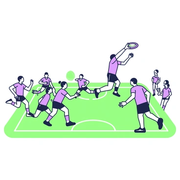 A sports field is filled with two teams competing in an intense ultimate frisbee match. One team is wearing matching jerseys, while the other team has contrasting colors for easy identification. Players are positioned strategically, with some sprinting down the field and others preparing to make a catch. The frisbee is soaring through the air, and a player jumps to intercept it, caught mid-air with an outstretched hand. Other players are focused and ready, demonstrating determination and athleticism. In the background, spectators are watching from the sidelines, creating an energetic atmosphere around the game.