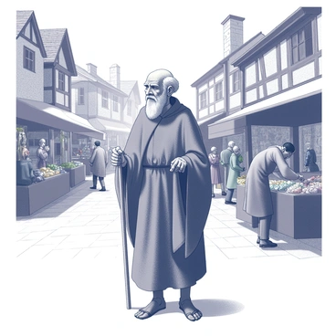 An old beggar stands in a lively medieval market, surrounded by various stalls brimming with goods and produce. The beggar, with a long, tattered cloak draping over his thin frame, has a weathered and wise expression. His face is marked by deep lines, suggesting a lifetime of experiences. He holds a wooden staff, leaning on it for support. In the background, townsfolk bustle about, some bartering with merchants while others admire colorful fabrics and fresh fruits. The general atmosphere is filled with activity and the sounds of commerce. Several stone buildings with wooden beams are visible, completing the setting of the market scene.