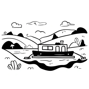 A canal barge floating gently on a winding waterway, surrounded by lush greenery. The barge is detailed with ropes and fenders, anchored against the gentle current. In the background, rolling hills rise and fall, dotted with trees and occasional patches of wildflowers. The sky above is filled with fluffy clouds, creating a soft contrast against the landscape. The scene captures a serene moment in nature, highlighting the tranquil beauty of the countryside.