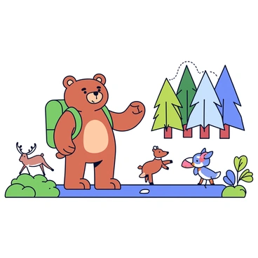 A bear mascot wearing a green backpack stands on a nature trail. The bear has a cheerful expression and is pointing with its right paw towards a group of trees in the background. Nearby, there are small illustrations of various wildlife, including a deer, a rabbit, and a bird, indicating the wildlife the bear is highlighting. The trail is surrounded by bushes and small flowers, adding to the natural setting.