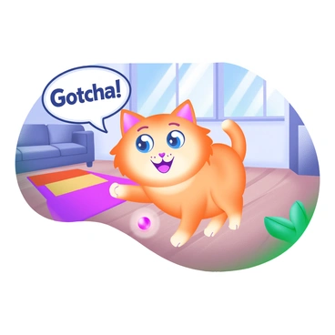 A comic strip panel featuring a cat with fluffy orange fur, its eyes wide and focused. The cat is in a playful stance, one paw extended forward as it tries to catch a small red dot of light on a hardwood floor. In the background, a cozy living room is visible, with a colorful rug and a window showing blue skies outside. The words "Gotcha!" are displayed in a speech bubble above the cat's head, emphasizing its determination and humor in the scene.