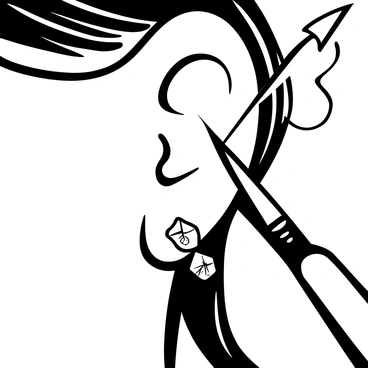 A close-up of an ear with a shiny, sparkling earring being inserted. The earring features intricate designs and facets that catch the light. A small piercing needle is positioned near the earlobe, ready to create the hole. The earlobe shows slight tension, indicating the process of piercing. The background contains soft shadows to accentuate the focus on the ear and the earring.