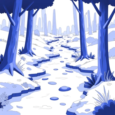A babbling brook winds through a dense forest. The water flows over smooth stones, creating small ripples and splashes. Surrounded by tall trees with rough bark and lush foliage, the forest floor is covered with a mix of fallen leaves and patches of moss. Sunlight filters through the canopy, casting dappled shadows on the ground. Various plants and shrubs grow along the banks of the brook, adding texture to the scene. In the background, more trees stretch upward, creating a sense of depth in the woodland setting.