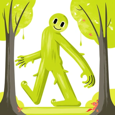 An Ent with a thick, textured bark-like skin is walking through a lush green forest. The Ent has long, slender limbs resembling branches, and its face shows a wise expression with deep-set eyes. Around the Ent, tall trees with vibrant green leaves sway gently in the breeze. Sunlight filters through the canopy, creating dappled patterns of light and shadow on the forest floor. Small animals, like squirrels and birds, can be seen in the trees, adding life to the scene.
