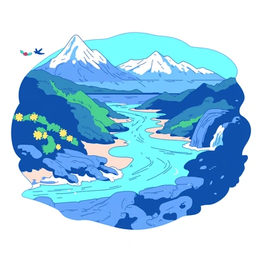 A blue river flows from a snow-capped mountain spring, winding its way down through lush green valleys and rocky landscapes. The river twists and turns in a continuous circle, reflecting the sunlight as it cascades over small waterfalls. Along its banks, vibrant yellow wildflowers bloom, and colorful birds flutter above. As the river approaches a sandy shore, it gradually widens, eventually merging into the vast ocean. The ocean waves are crashing gently, and the horizon is filled with a clear blue sky.