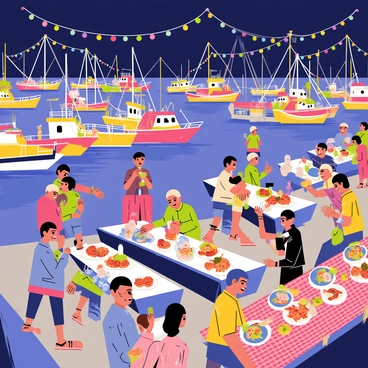 A busy harbor filled with colorful boats, each adorned with vibrant lights in various shapes and sizes. The boats are anchored along the waterfront, reflecting the lights on the water's surface. People gather on the docks, enjoying a large seafood feast, with platters overflowing with shrimp, crabs, and lobsters. Brightly colored banners and flags are strung across the harbor, adding to the festive atmosphere. Tables are set up with checkered tablecloths, and families and friends share laughter and conversation while they eat. The sky is a deep blue, hinting at the onset of evening as the festival atmosphere comes to life.