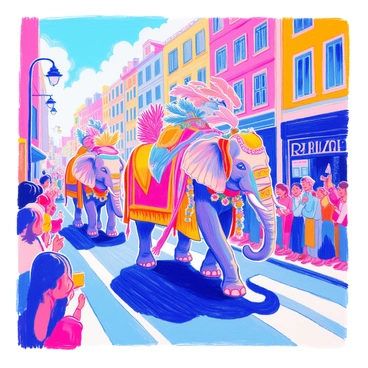 A parade of elephants is marching through a city street. Each elephant is adorned with vibrant, colorful decorations, featuring bright fabrics and intricate patterns draped over their bodies. The first elephant has a large, ornate headdress with feathers, while the second has garlands of flowers around its neck. The street is lined with enthusiastic spectators, some waving flags and others taking photos. Buildings with colorful facades and shop signs are visible in the background, adding to the festive atmosphere.