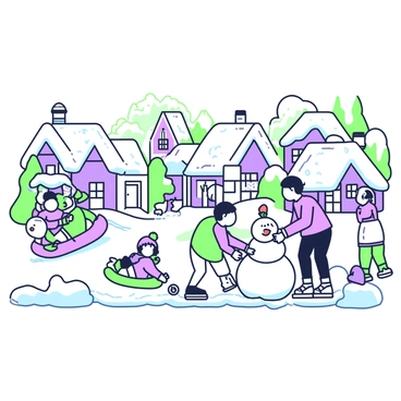 A picturesque anime village blanketed in snow. The scene features quaint houses with sloped roofs, each adorned with layers of snow. In the foreground, several people are enthusiastically building snowmen. One person is rolling a large snowball, while another adds a carrot for the snowman's nose. Nearby, children are sledding down a gentle hill, their laughter echoing through the air. Some are on colorful sleds, gliding down with joy, while others are at the top eagerly waiting for their turn. In the background, snow-covered trees frame the village, completing the winter wonderland atmosphere.