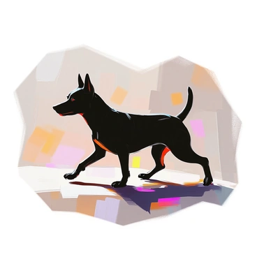 The silhouette of a dog walking across a plain background