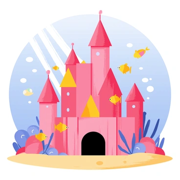 A large castle made of vibrant coral towers majestically under the water. The coral is a mix of pink, orange, and purple shades, with intricate details and textures. Various fish of different sizes and colors swim gracefully around the castle. Bright yellow clownfish dart playfully among the coral structures, while a few graceful blue tangs gliding nearby contribute to the lively underwater scene. Sunlight filters through the water, creating shimmering patterns on the sandy ocean floor below.