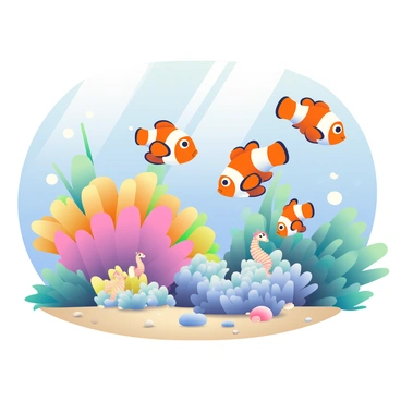 A group of vibrant clownfish with orange and white stripes are swimming playfully around a cluster of seahorses in a clear lagoon. The clownfish have large, expressive eyes, and they dart in and out of the colorful coral formations. The seahorses, with their curled tails and delicate fins, are mimicking the clownfish's movements, swimming gracefully in the water. Sunlight filters through the surface of the lagoon, casting dappled light on the sandy bottom, where small pebbles and seashells are scattered. In the background, lush underwater plants sway gently, adding to the lively atmosphere of the scene.
