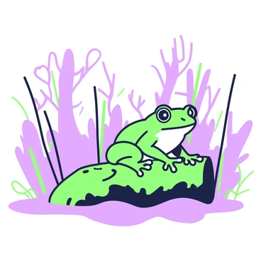 A tree frog is positioned on a moss-covered log, partially emerging from a dense fog. The frog has bright green skin and large, expressive eyes. Surrounding the log, tall reeds and slender plants stretch upward, partially obscured by the swirling mist. The water of the swamp is barely visible, reflecting faint shapes of nearby foliage. In the background, shadowy silhouettes of trees can be seen, their trunks thick and gnarled, contributing to the mysterious ambiance. The air appears thick with humidity, enhancing the overall sense of intrigue in the scene.