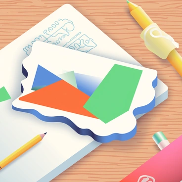 A creative business card design is prominently displayed on a wooden desk. The card features vibrant colors, with bold geometric shapes in shades of blue, orange, and green. The edges of the card are uniquely cut into an irregular shape, adding to its distinctive appearance. Surrounding the card are a few scattered art supplies, including a bright yellow pencil and an open sketchbook with additional design ideas. The wooden texture of the desk contrasts with the lively colors of the business card, enhancing its visual appeal.