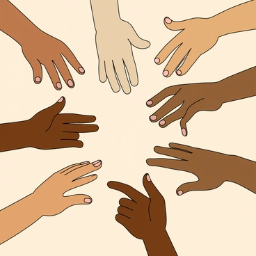 An array of diverse hands in various skin tones and sizes, reaching out towards one another. Each hand displays different gestures, some open and welcoming, others gently grasping or pointing. The hands are positioned at different angles, creating a sense of movement and connection among them. Some hands have painted nails, while others are bare, showcasing individuality. The background is a light color to draw attention to the hands and their supportive interactions.