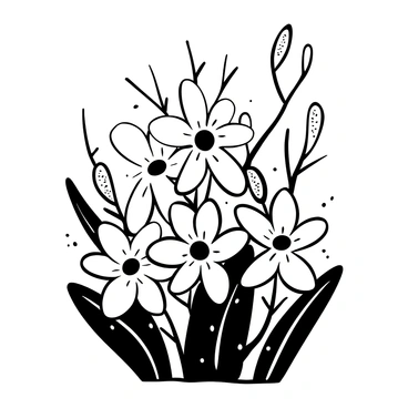 A cluster of delicate flowers with intricate petals blooming. Each flower is adorned with a light dusting of frost, highlighting their shapes and textures. The background features subtle outlines of bare branches, suggesting the chill of early winter. Frost crystals shimmer subtly on the flowers and surrounding foliage, capturing the contrast between the softness of the blooms and the sharpness of the frost.
