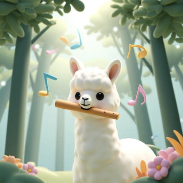 An alpaca with soft, fluffy white fur is playing a wooden flute, holding it gently in its mouth. The alpaca's expressive eyes are focused, creating a sense of harmony. Surrounding the alpaca are vibrant musical notes in various colors, floating gracefully in the air. The magical forest is filled with tall, lush green trees, their leaves shimmering with a hint of light. Sunlight filters through the branches, casting dappled patterns on the forest floor, which is covered in colorful flowers and soft moss.