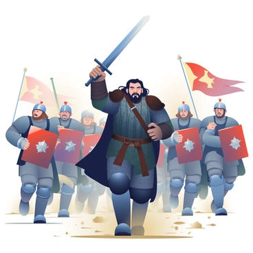 A man with dark hair and a rugged beard, resembling Jon Snow, is leading a charge in a medieval battle. He is wearing a weathered black leather armor, and his sword is raised high above his head, glinting in the light. Around him, numerous soldiers in chainmail and armor are following closely, their faces determined and fierce. The background features a chaotic battlefield with banners waving in the wind and clouds of dust rising from the ground. Some soldiers are wielding shields, while others are brandishing various weapons as they advance. The atmosphere is tense and electric with the energy of battle.