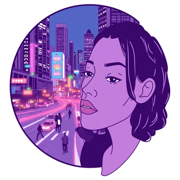 A close-up view of a face with a serene expression, overlaid by a bustling city skyline during the night. The face features soft contours and a calm demeanor, while the vibrant cityscape is filled with towering buildings, each adorned with twinkling lights. Streetlights and neon signs cast a warm glow, creating a dynamic contrast against the features of the face. The background reveals busy streets with blurred figures moving in various directions, emphasizing the energy of the city at night.