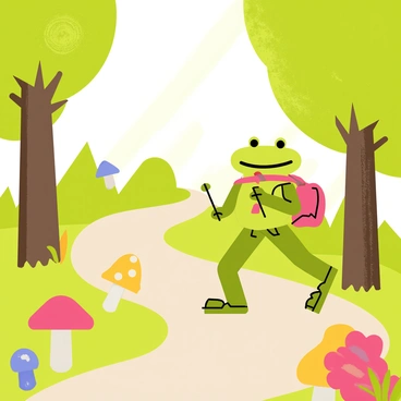 A green frog wearing a small backpack and a brown toad with a red scarf are hiking along a winding forest trail. The trail is bordered by tall, lush trees with vibrant green leaves. Colorful mushrooms of various shapes and sizes, including red, yellow, and blue, are scattered along the trail, adding splashes of color to the scene. Sunlight filters through the tree canopy, creating dappled light on the forest floor.