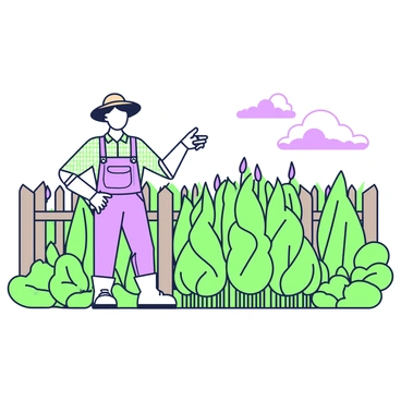 A farmer is standing confidently in the middle of a field filled with tall, green-and-purple genetically engineered crops. The crops are lush and abundant, with some plants displaying unique traits. The farmer is wearing a straw hat and a checkered shirt, with one hand resting on a hip and the other pointing towards the crops. In the background, the sky is clear and sunny, enhancing the vibrant colors of the field. A wooden fence surrounds the field, and a few clouds are scattered in the sky, adding depth to the scene.