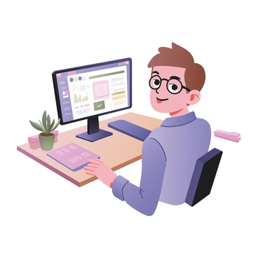 A digital flat illustration depicting a cartoon avatar of an accountant appearing on a computer screen. The avatar has short, brown hair and is wearing round glasses. It has a friendly smile and is dressed in a blue button-up shirt with rolled-up sleeves. The computer screen shows a colorful user interface with graphs and spreadsheets. The background features a simple office setting with a desk and a few books stacked on one side. A small potted plant is on the desk next to the computer, adding a touch of greenery to the scene.