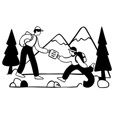 A person wearing a backpack is standing on a rocky mountain trail, extending a first aid kit towards another person next to them. The second person is wearing a hat and is slightly bent forward, reaching out to receive the kit. Surrounding them are tall pine trees and rugged mountain peaks in the background, with some boulders scattered on the ground. "Take this, it’s important" is written on a small piece of paper attached to the first aid kit.