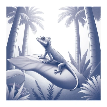 A crested gecko is perched on a large, green leaf. The gecko has distinctive fringed eyelids and textured skin, showcasing a pattern that blends with its surroundings. The leaf is broad and glossy, supported by a sturdy stem. In the background, tall trees rise with thick trunks and dense foliage, creating a sense of depth in the tropical forest. Sunlight filters through the leaves, casting dappled shadows on the ground, while other smaller plants and ferns fill the area around the gecko.