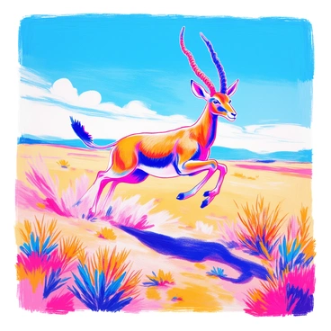 A gazelle is leaping gracefully across the open plains. Its slender body is poised in mid-air, showcasing its long legs and elegant posture. Dust is kicked up behind the gazelle, swirling in the air as it bounds forward. The landscape features golden grasses that sway gently in the breeze, with a clear blue sky overhead providing a striking backdrop to the scene.