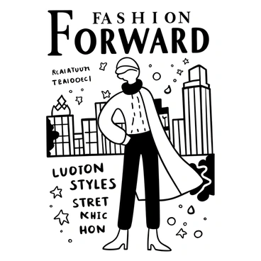 A magazine cover featuring a model wearing a fashionable autumn outfit, which includes a long coat, a scarf, and ankle boots. The model stands confidently in the foreground, with a city skyline visible in the background, showcasing tall buildings and urban elements. The words "Fashion Forward" are displayed prominently at the top of the cover. Additional text highlights trends, such as "Autumn Styles" and "Street Chic," arranged artistically around the model.
