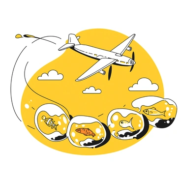 An aircraft in flight, towing a line of water-filled pods behind it. Each pod is clear and showcases a variety of fish swimming inside. One pod contains a colorful clownfish, another has a sleek silver tuna, while a third pod features a vibrant angelfish. The pods are arranged in a straight line, trailing behind the aircraft as it flies against a backdrop of clouds. The aircraft has a streamlined design with visible wings and propellers. The scene captures the dynamic motion of the aircraft and the lively fish within the pods.