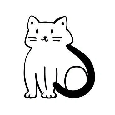 A black and white illustration of a cat designed in pixel art style. The cat has a blocky appearance with exaggerated features that mimic old-school video game graphics. It is sitting in a relaxed pose, with its tail curled around its body. Small squares represent its fur texture, and distinct lines define its outline. The background is simple, emphasizing the pixelated cat design.